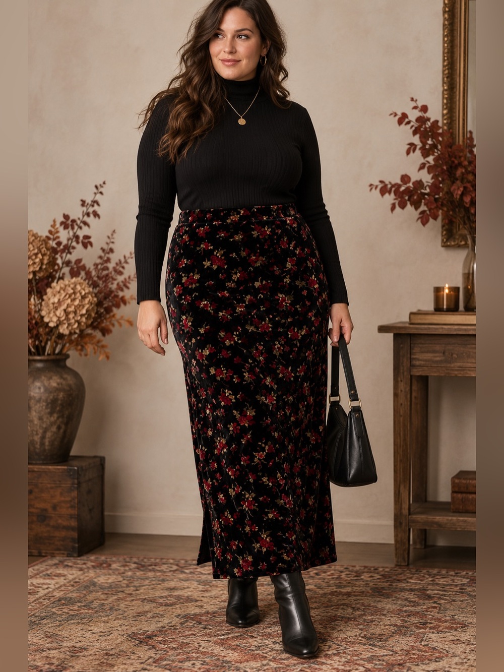 Vintage 90s Kathie Lee Woman 24W Black Floral Velvet Maxi Skirt Whimsigoth